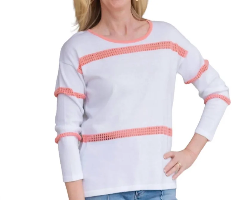 Women's Office Attire Striped Scoopneck Sweater In White/coral