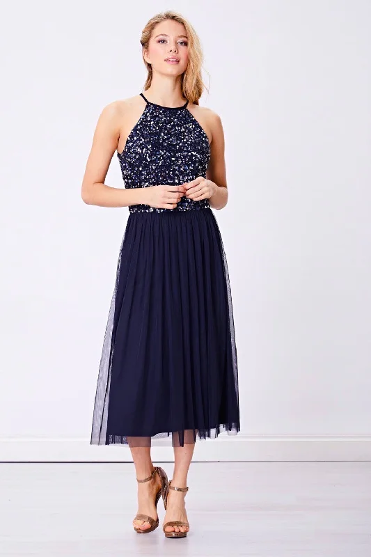 Women's Classic Outfit Embellished Halterneck Sequin Midi Dress in Navy