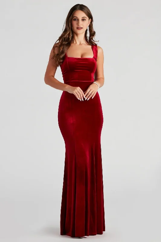 Elegant Women's Evening Garments Tori Formal Sleeveless Velvet Mermaid Dress Burgundy