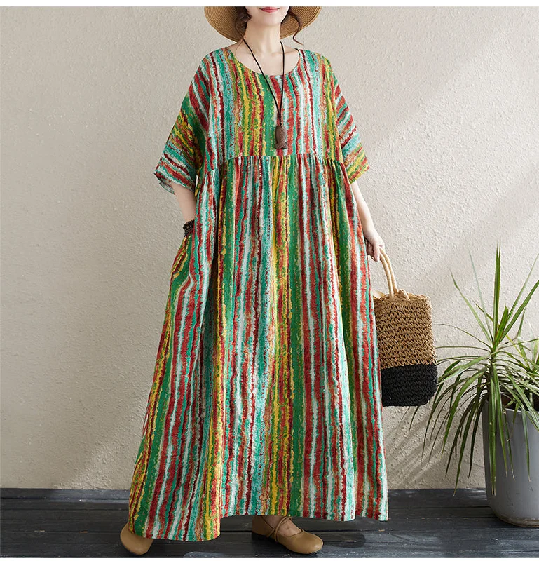 Women's Outfit Women Colorful Striped Loose Midi Dress