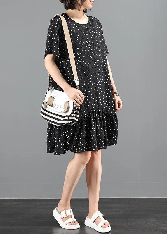 Women's Holiday Outfit Organic black dotted dresses o neck patchwork Art Dresses