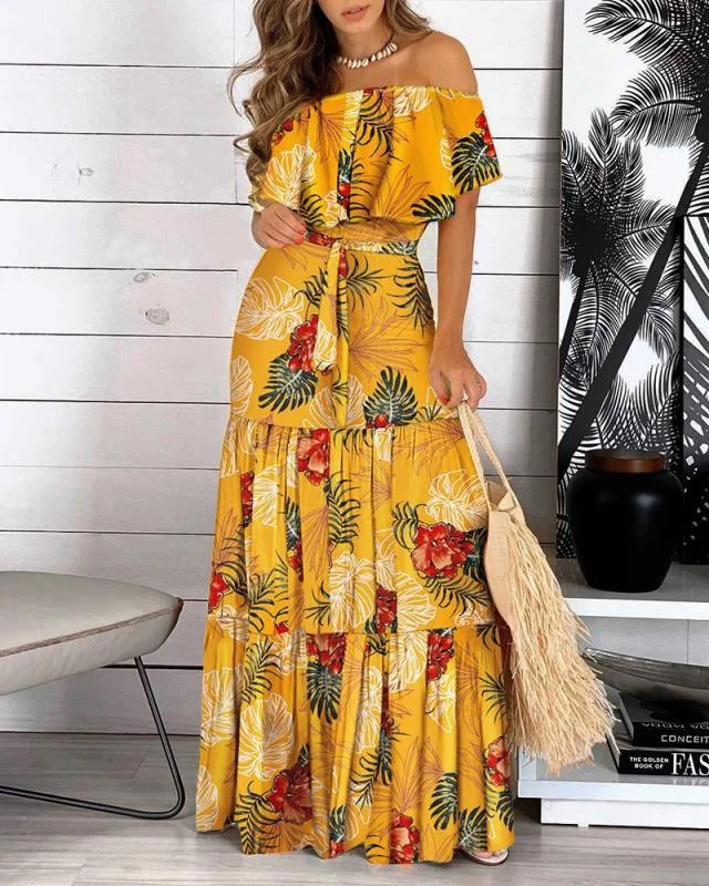 Women's Chic Outfit You Glow Girl Floral Off The Shoulder Maxi Dress - Yellow