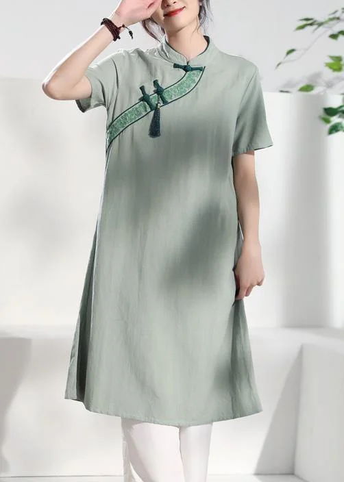 Women's Functional Outfit For Outdoor Activities Handmade green embroidery linen dresses stand collar loose summer Dress