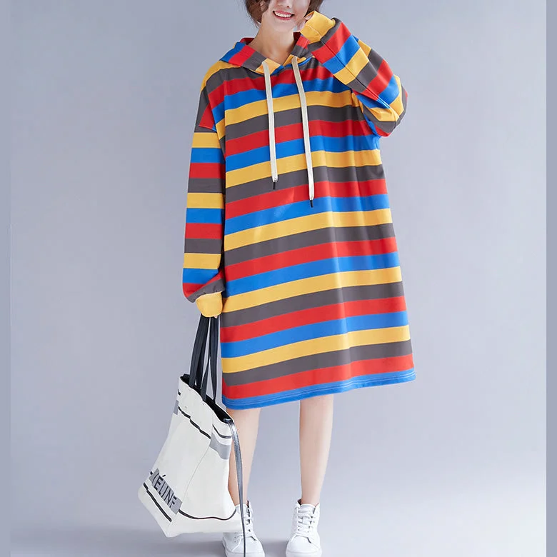 Comfortable Women's Attire Women Striped Hooded Dresses Female Casual Loose Pullover Dress