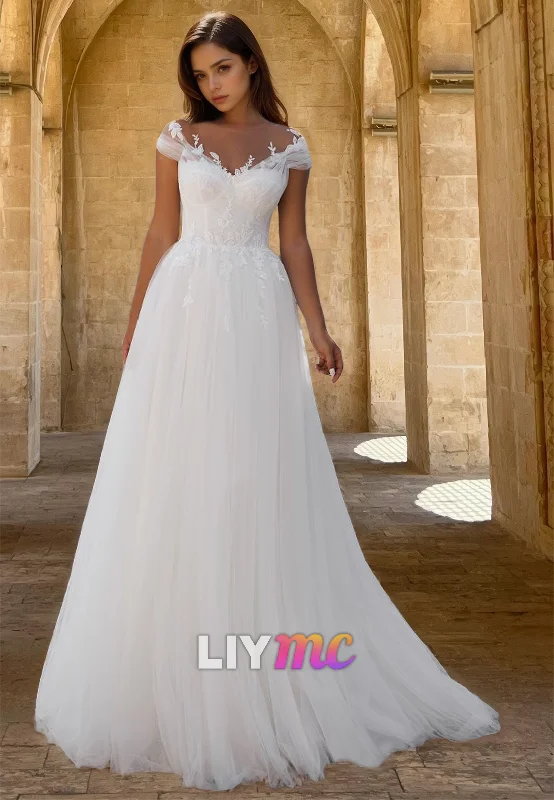 Women's Festive Attire V-Neck Cap Sleeves Appliquess Tulle A-Line Wedding Dress