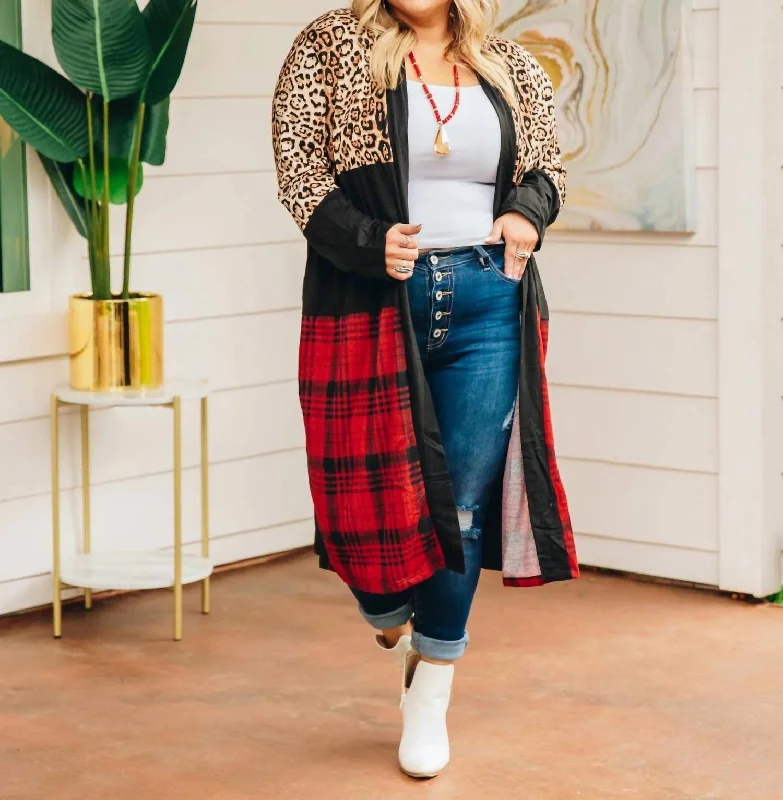 Women's Plus-Size Casual Outfit Chill Adulting Cardigan With Leopard And Plaid In Black