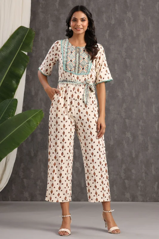 Women's Elegant Outfit Juniper Ivory Ethnic Motif Printed Rayon Jumpsuit With Zip