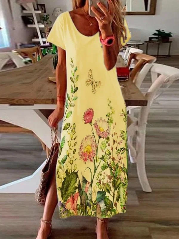 Women's Garments Casual Short Sleeve Flower Slit Dress