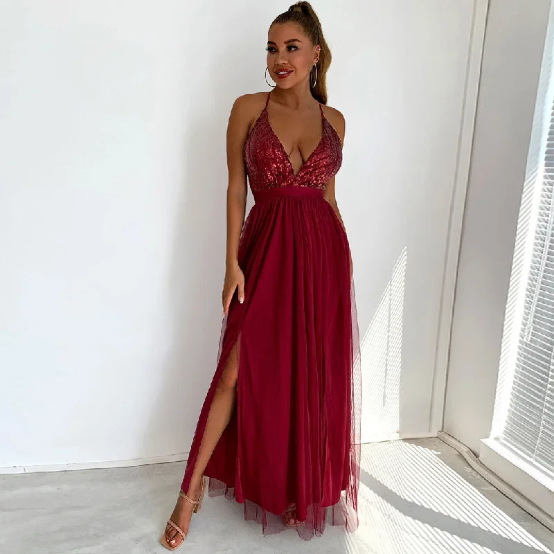 Women's Vacation Outfit Sparkly Sequin Panel Mesh Deep V Evening Maxi Dress - Burgundy