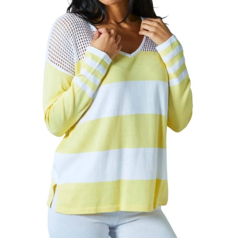 Women's Comfy Loungewear Outfit Crochet V-Neck Sweater In White/lemon