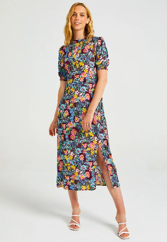 Chic Women's Garments Short Sleeve Midi Dress With Leg Slit In Navy Floral Print