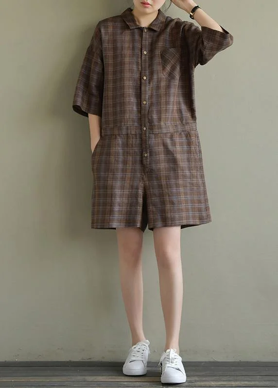 Women's Transitional Garments Loose brown Plaid linen lapel jumpsuit pants short summer