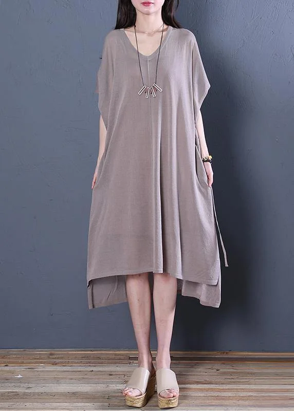 Women's Chic Outfit Organic khaki linen clothes For Women v neck side open baggy summer Dress