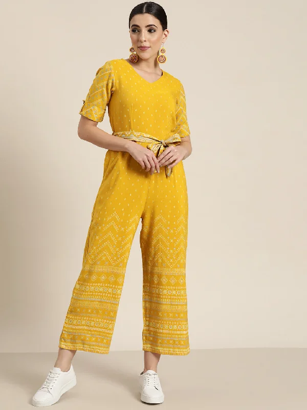 Women's Casual Wear Outfit Juniper Mustard Ethnic Motif Printed Rayon Flex Jumpsuit.