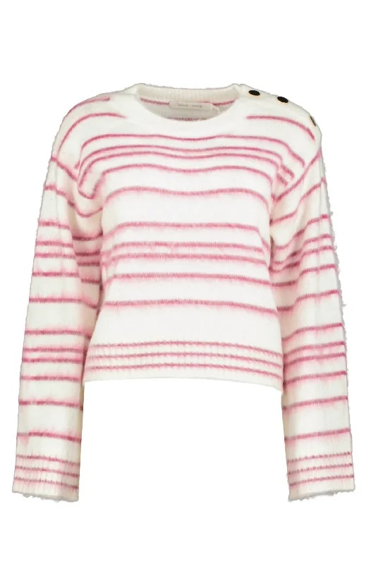 Women's Comfy Loungewear Outfit Noelle Stripe Fuzzy Sweater In Pink/white