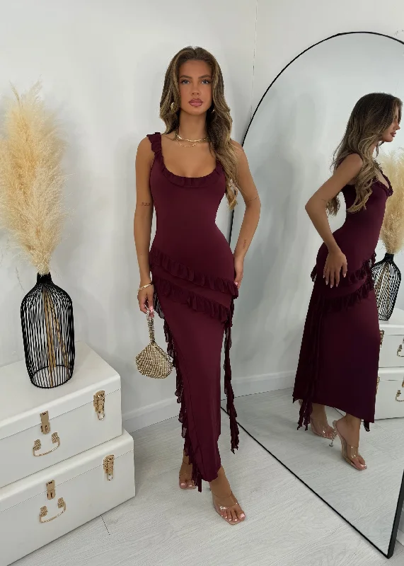 Women's Outerwear Attire Sweet Intentions Ruffle Maxi Dress - Burgundy