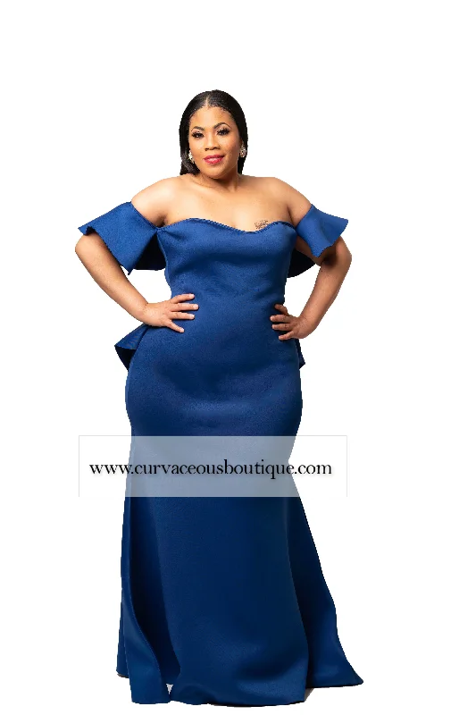 Women's Plus-Size Attire Royal Blue Angel Ruffle Rear Gown