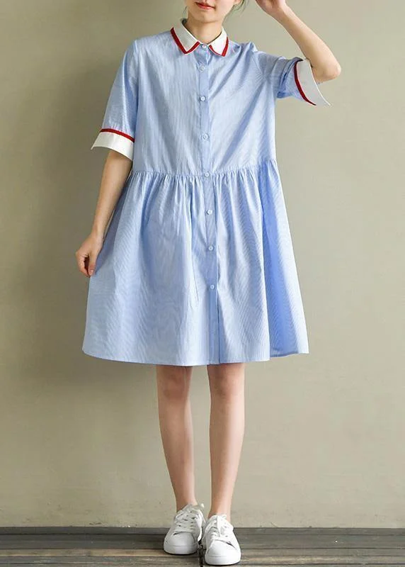 Women's Outerwear Garments DIY blue striped Cotton clothes lapel half sleeve baggy summer Dress