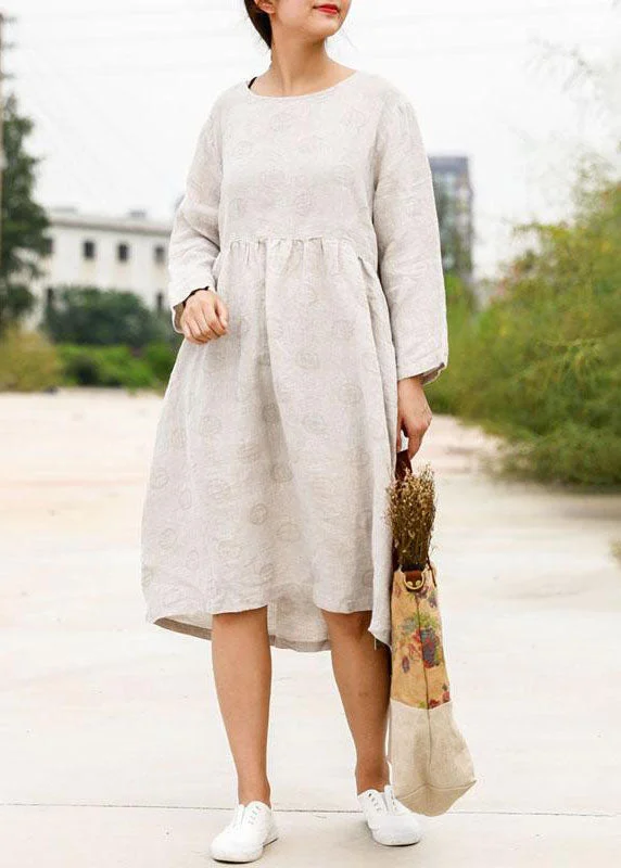 Women's Classic Attire Bohemian linen outfit boutique Long Sleeve Jacquard Beige Pleat Dress