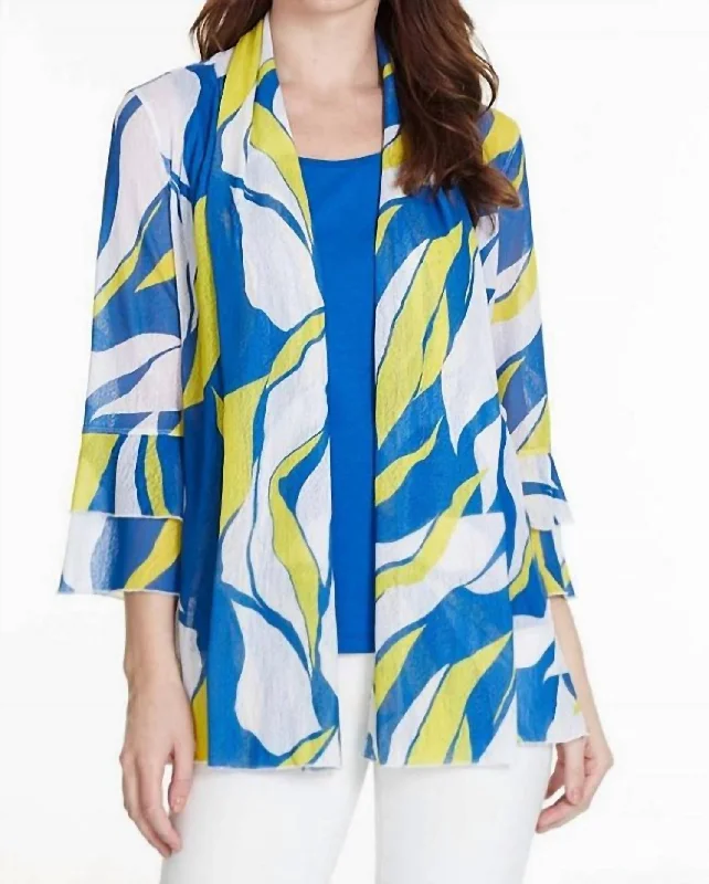 Chic Women's Outfit Wavy Print Onionskin Open Front Jacket In Blue/yellow