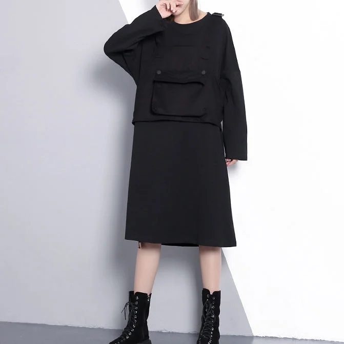 Women's Evening Attire fine black oversize casual dress false two pieces casual O neck clothing dresses