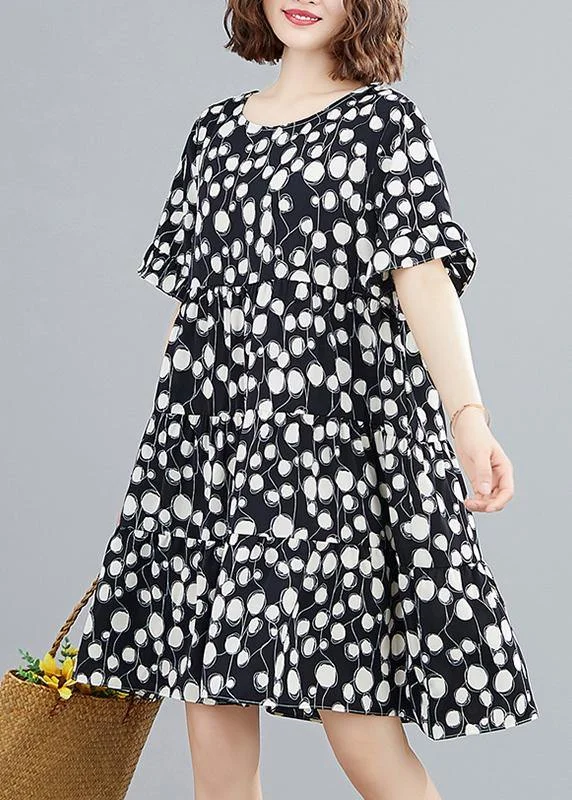 Women's Resort Attire Organic black dotted clothes Women o neck patchwork Knee Dress