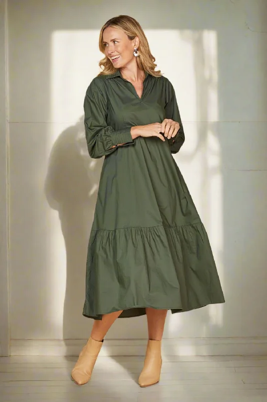 Women's Festive Attire Sabre V-Neck Poplin Dress in Bottle Green