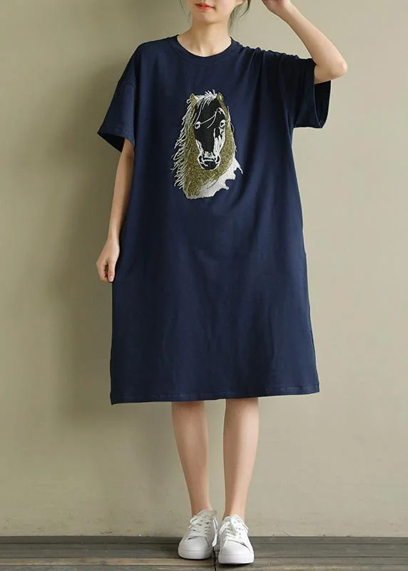 Women's Party Outfit Women navy Cotton outfit o neck embroidery oversized summer Dress