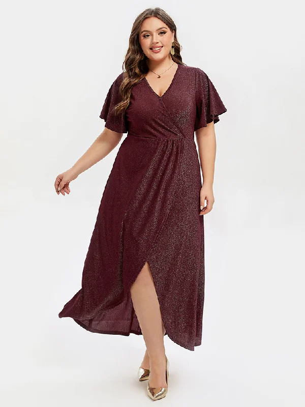 Women's Stylish Vacation Attire V-Neck Ruffle Sleeve Split Glitter Maxi Dress