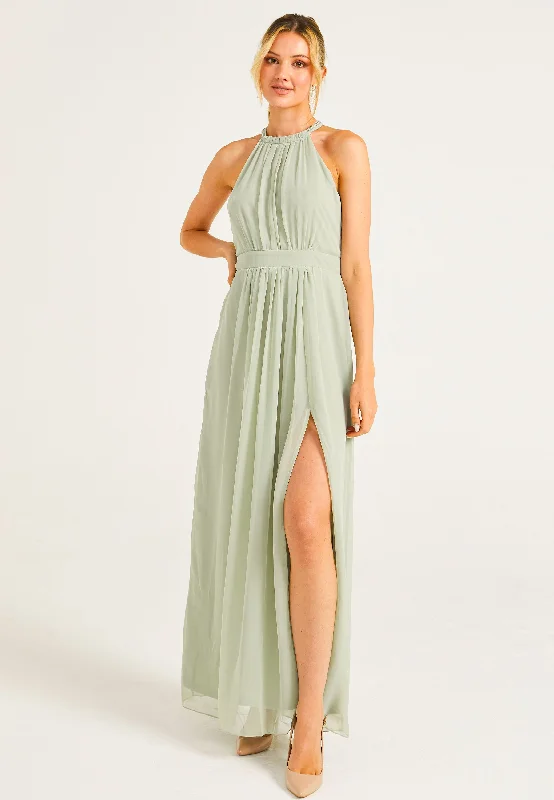 Women's Evening Wear Outfit Beaded Halterneck Maxi Dress in Sage Green