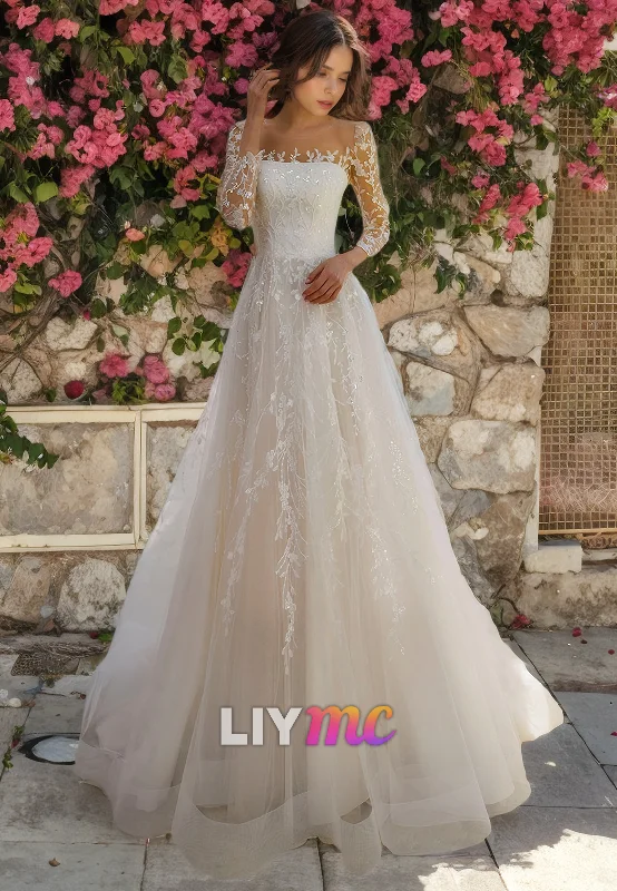 Women's Stylish Professional Garments LW322 - A Line Illusion Neckline Lace Appliques Long Sleeves Elegant Wedding Dress