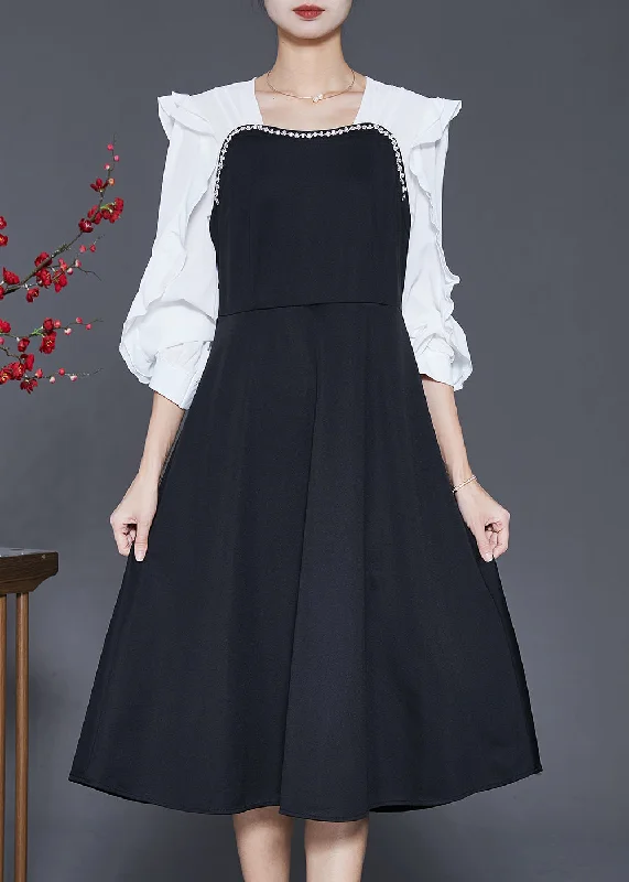 Timeless Women's Outfit Boutique Black Square Collar Patchwork Cotton Holiday Dress Butterfly Sleeve