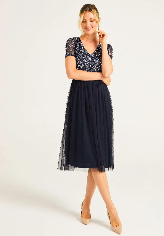 Women's Functional Outfit For Outdoor Activities Embellished Sequin Baby Doll Midi Dress in Navy