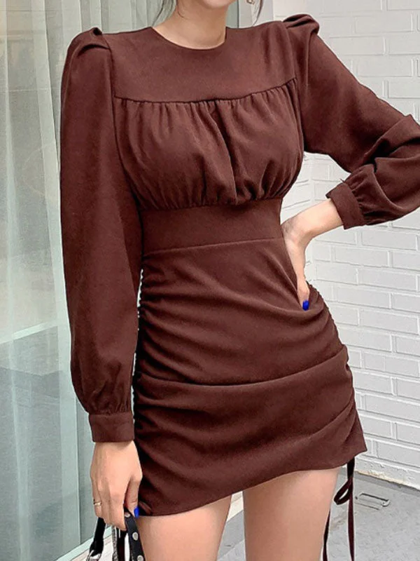 Women's Elegant Evening Attire Ruched Drawstring Long Sleeve Midi Dress