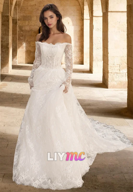 Women's Holiday Outfit Off-Shoulder Long Sleeves Lace Appliques A-Line Wedding Dress