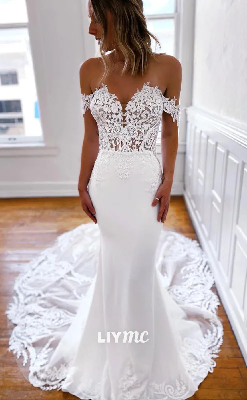 Women's Clothes And Garments LW057 - Mermaid/Trumpet Off Shoulder Appliqued Lace Satin Long Wedding Dress