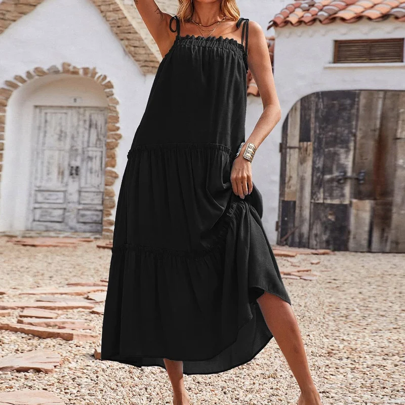 Women's Relaxed Outfit Young Love Ruffle Maxi Dress - Black