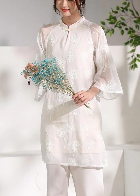 Women's Elegant Formal Outfit diy flare sleeve linen stand collar clothes Sleeve white embroidery Dress