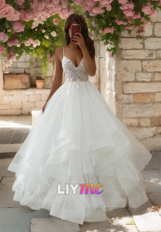 Women's Activewear Outfit V-Neck Spaghetti Straps Appliques Tiered Tulle A-Line Wedding Dress