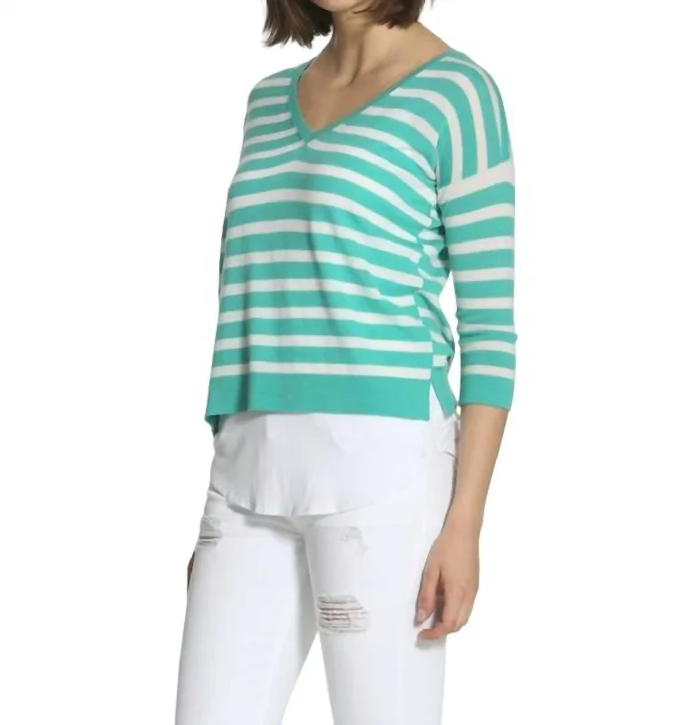 Timeless Women's Outfit Striped Swing V Neck Sweater In Turquoise/white