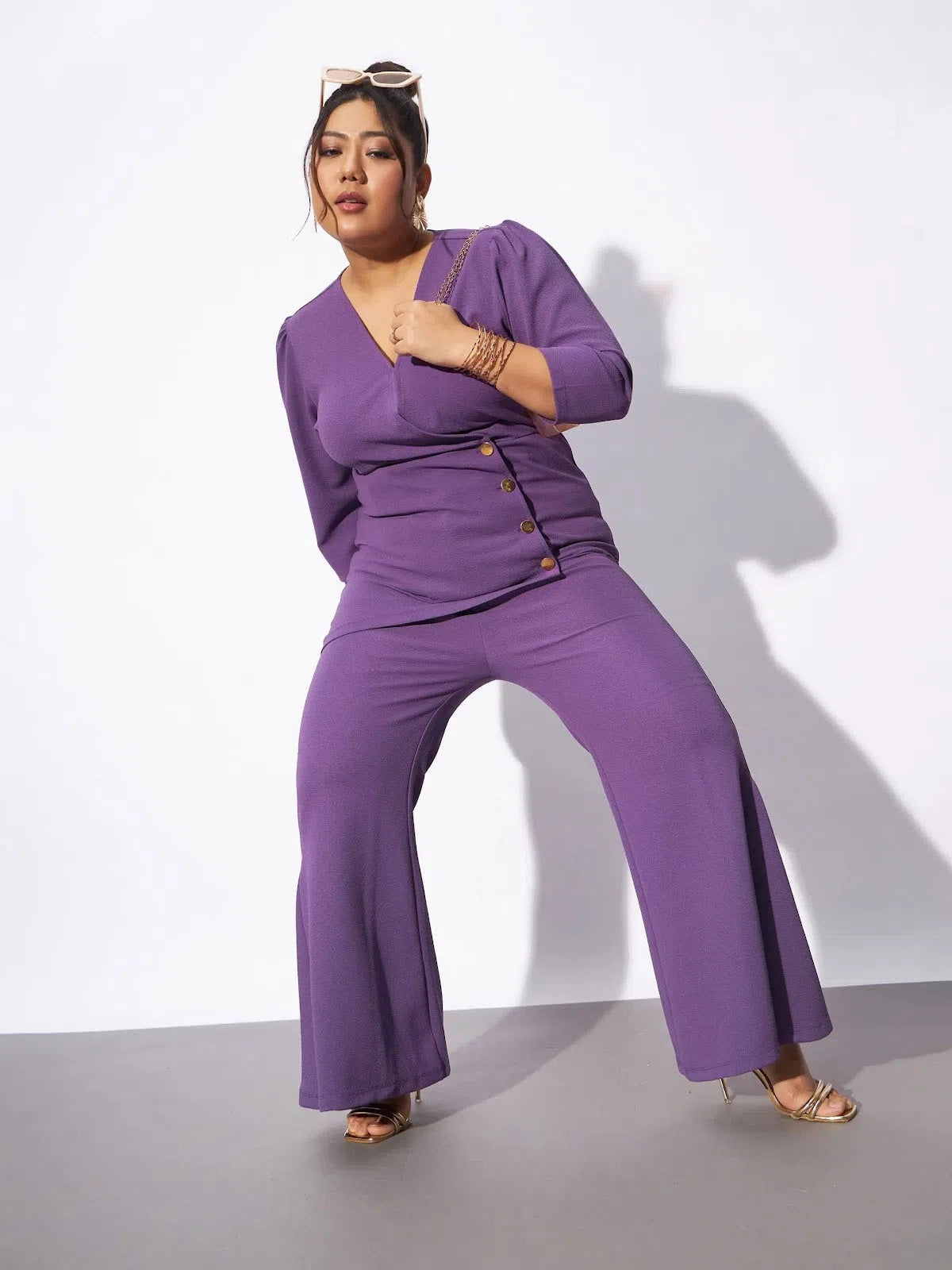 Women's Festive Attire Women Lilac Wrap Top With Kick Pleat Pants