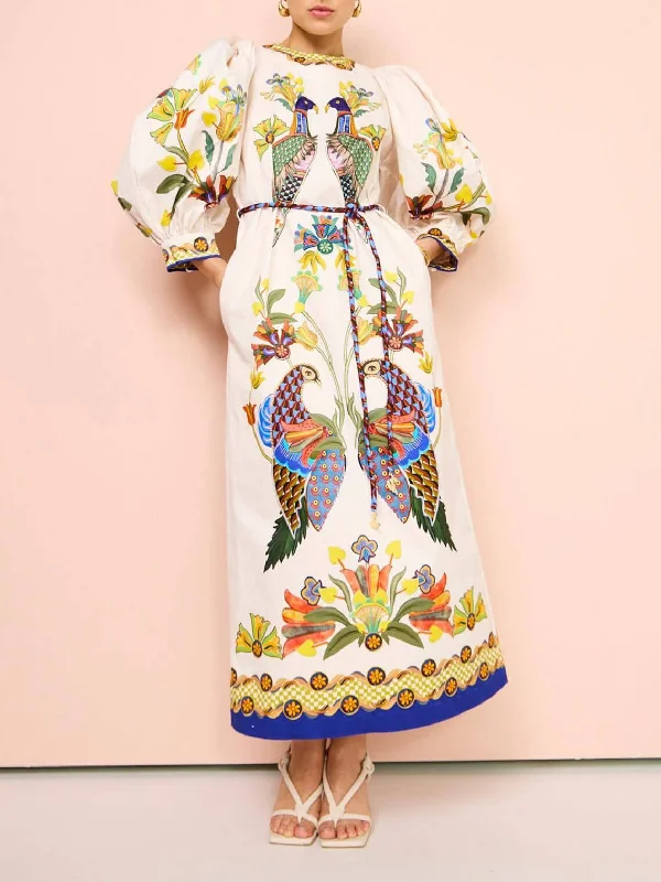 Women's Outdoor Attire Exquisite And Fun Printed Puff Trendy Sleeves Loose Casual Midi Dress