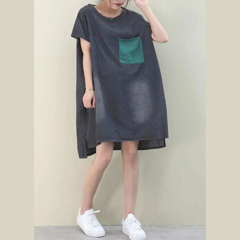 Women's Vintage Garments Women denim black Cotton clothes Women o neck green pockets Midi Dresses