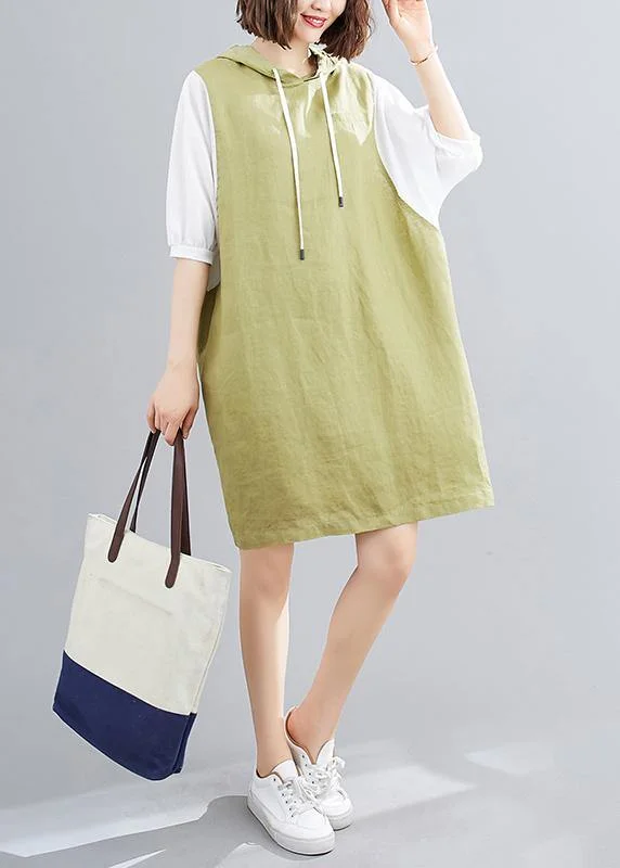 Women's Chic Outerwear Outfit Modern hooded Batwing Sleeve linen cotton dress Sleeve green Dresses