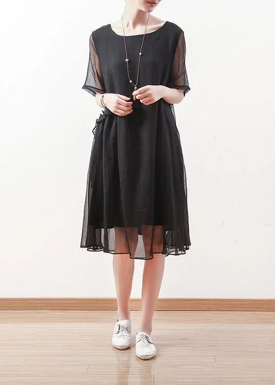 Stylish Women's Attire Italian black chiffon dresses Casual o neck Cinched long summer Dress