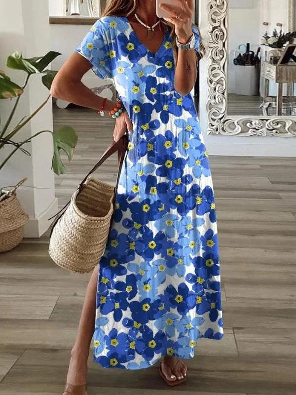 Stylish Women's Garments For Holidays Flower Print V-Neck Short Sleeve Split Dress