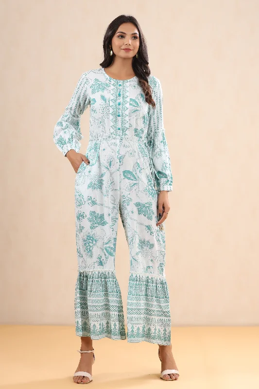 Women's Apparel And Garments Juniper Teal Floral Printed Rayon Flared Jumpsuit.