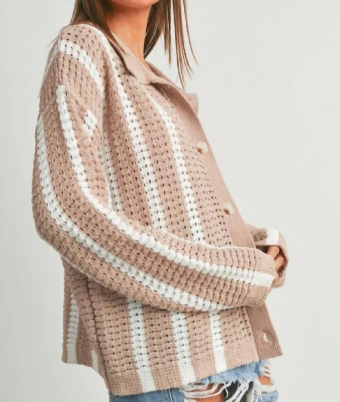 Stylish Women's Attire Stripe Button Front Sweater In Beige