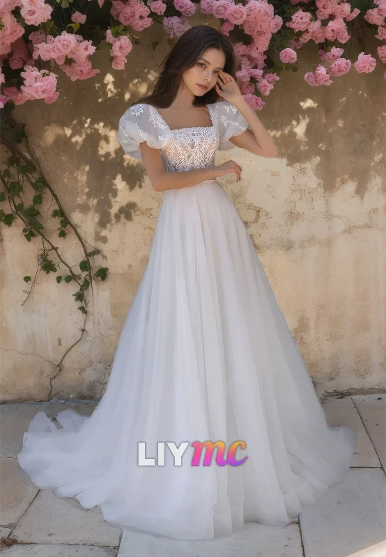 Women's Elegant Evening Outfit Square Puff Sleeves Appliques Tulle A-Line Beach Wedding Dress