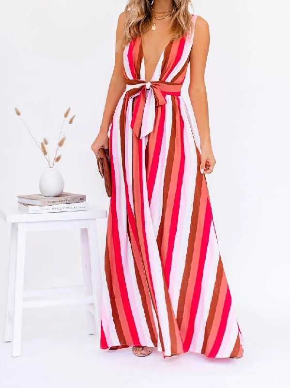 Women's Comfortable Lounge Outfit Deep V Striped Suspender Casual Dress